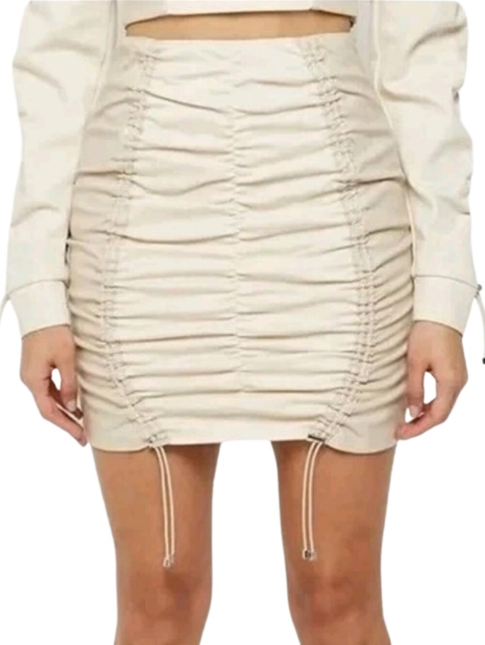 Manière De Voir Ruched Vegan Leather Panel Mini Skirt Beige/Cream Streetwear, 8